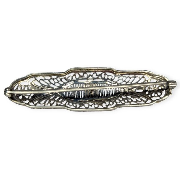 Edwardian Style 10K White Gold & Diamond Filigree Bar Pin/Brooch 2" - Picture 3 of 11